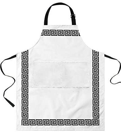 452 Malschürze, Weiß Schwarz Klassische Griechische Einfarbige Traditionelle Geometrie Küchenschürze Mit Taschen Kochschürze Unisex Grillschürzen Für Backen Kochen Café 70X84Cm