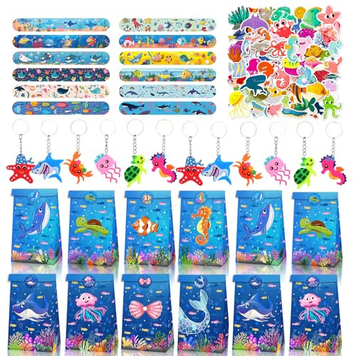 BGNXHYB 86Pcs Set di Bomboniere per la Festa di Compleanno,Animali Marini Portachiavi a Scatto Braccialetti Adesivi Sacchetti Regalo,Animali Marini Accessori per le Feste per le Ragazze,Ragazzi
