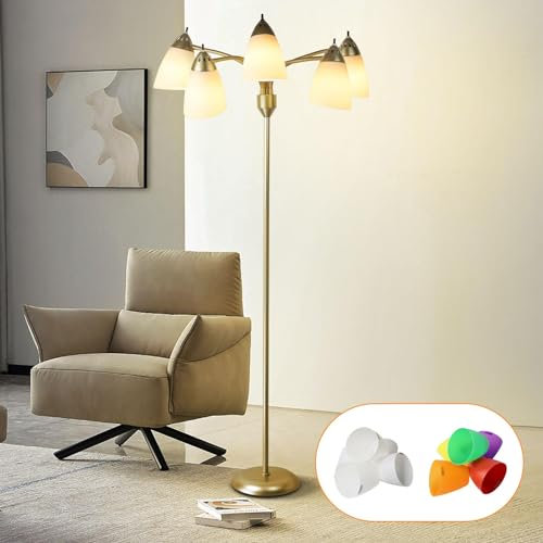 Depuley Lampadaire LED avec 5 ampoules, E27, moderne, pour salon, liseuse vintage, noir, avec interrupteur rotatif, support rotatif à 360°, lampe sur pied rétro pour bureau, chambre à coucher, canapé,
