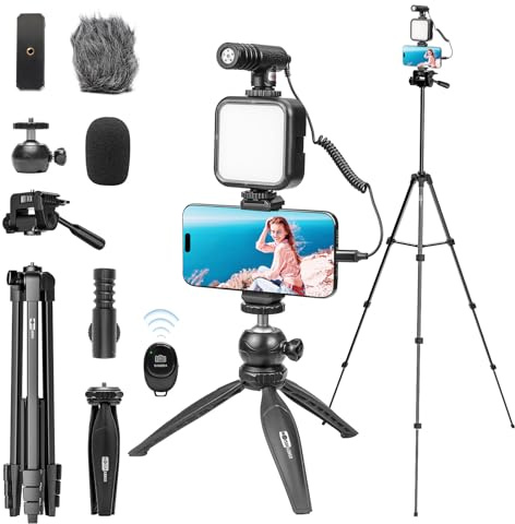 USKEYVISION Vlogging Kit for iPhone Youtuber Kit Content Creator Kit for Smartphone with 59'' Extendable Fullsize Tripod,Tricolor LED Light,Shotgun Mic for iPhone 15/14/13 Mini/Pro/Max(Vlog K4)