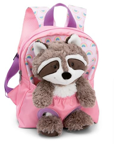 NICI Kinderrucksack rosa 2 in 1 mit Kuscheltier Waschbär 25cm - Kindergartenrucksack Mädchen & Jungen - Weicher Rückenbereich & verstellbare Gurte - 49845