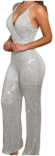 Byxdress dam festlig elegant - glitter jumpsuit pajetter fest outfit romper ärmlös V-ringning lekdräkt sexig overall overalls hög midja lång enklare byxdräkt strumpbyxor lekdräkt S-3Xl, silver, S