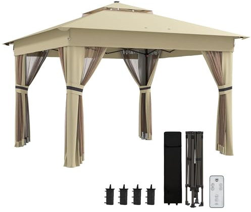 Outsunny 3.36 x 3.36m Pop Up Gazebo with Sides, 20 Solar-Powered LED Lights, Netting, Roller Bag, 4 Weight Bags, Marquee Party Tent, Height Adjustable Instant Event Shelter, Khaki