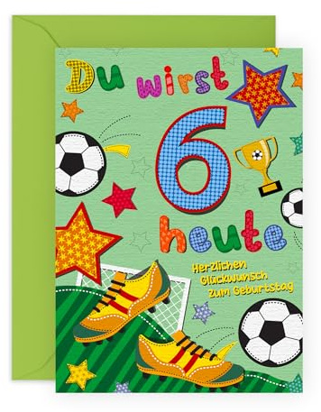 Central 23 Fußball-Geburtstagskarte zum 6. Geburtstag – Geburtstagskarten für Jungen und Mädchen – 6 Jahre alt – Geschenk für Kinder – mit Aufklebern