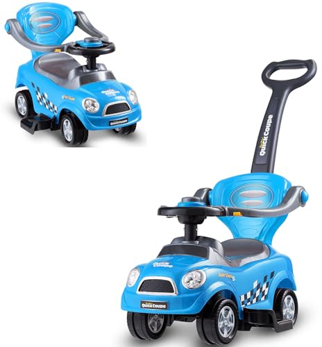 DREAMADE Rutschauto mit Schiebestange, Rutschfahrzeug mit abnehmbarem Sicherheitsbügel & Fußstützen & Hupe & kippsicherem Design, Schiebewagen für Kinder von 2-6 Jahren (Blau)
