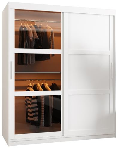 MEBLE KRYSPOL Dome 3 Schrank mit Zwei Schiebetüren, Stangen und Regalen - Aufbewahrungsschrank mit Rauchglas für Schlafzimmer, Wohnzimmer - 200x150x62cm - Weiß, Weiß, Silber