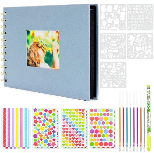 Fotoalbum Zum Selbstgestalten, 60 Seiten Schwarze Leeren Scrapbook, 21.5×15cm Fotoalben Einkleben Scrapbook Album, DIY Fotoalbum Selbst Gestalten für Baby Und Valentinstag Geburtstagsgeschenk (Blau)