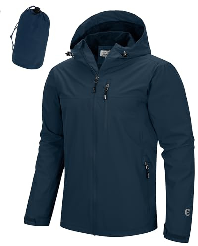 Outdoor Ventures Chubasquero para hombre, impermeable, transpirable, plegable, chaqueta cortavientos ligera para ocio, senderismo, camping, azul oscuro, L