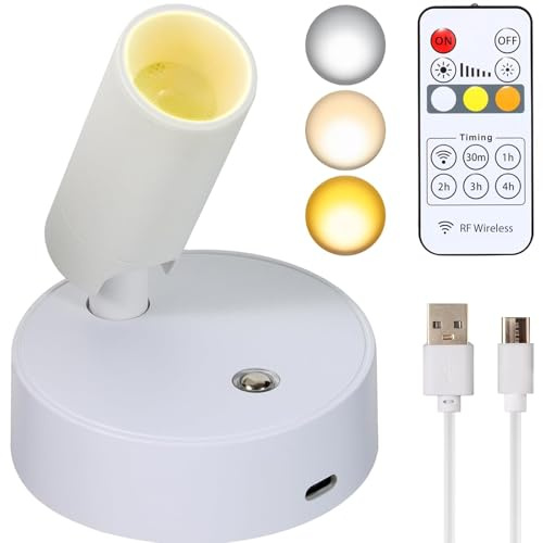 USB Rechargeable LED Spot With Remote Control, 3 Color Temperature, Dimmable Puck Light, Wireless Picture Light With Timing Function for Art, Plants, Portrait, 1 Pack Energy Class