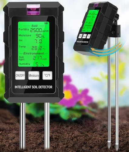 WADEO 6-in-1 Soil Moisture Meter for Plants, Digital Backlight LCD Display with Fertility/Moisture/PH/Temp/Sunlight/Humidity, Soil Dual Probe for Indoor, Outdoor, Garden, Lawn, Yard, Farm