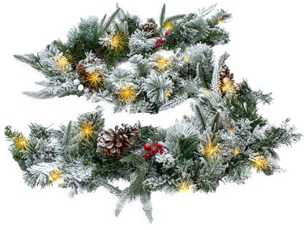 LED Tannengirlande mit Schnee und Beeren, 183 cm, 35 LED, warm weiß | Batteriebetrieben, Timer-Funktion, Weihnachtsdekoration, Kunst Tanne