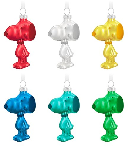 Hallmark samlarbara jordnötter glasdekorationer, paket med 6, färgglada snoopy-figurer, hängande prydnader, jul, röd, vit, gul, blå, grön