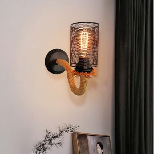 LOGT Vintage Industrial Wandleuchte Innen Retro Seil Wandlampe Rund Metall Cage Schirm Wandstrahler Hanfseil Dekorative Wandspot 1 Flammig für Loft Flur Schlafzimmer Hotel Wohnzimmer E27