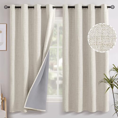 YoungsTex Linen Verdunkelungsvorhänge, 100% lang, 160 cm Länge, 2 Paneele für Schlafzimmer, wärmeisolierte Vorhänge mit Ösen, cremefarben, verdunkelnde Fensterbehandlungen für Bauernhaus, Wohnzimmer
