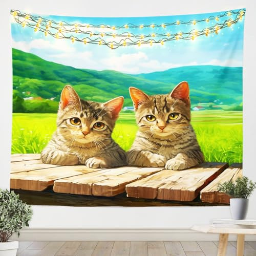 Loussiesd Cartoon Kat Wandteppich 130x150cm Niedliche Katze Tier Wandtuch für Jungen Mädchen Kinder Zimmer Dekoration Wandbehang Aquarell Katze Druck Blau Tapestry Grün