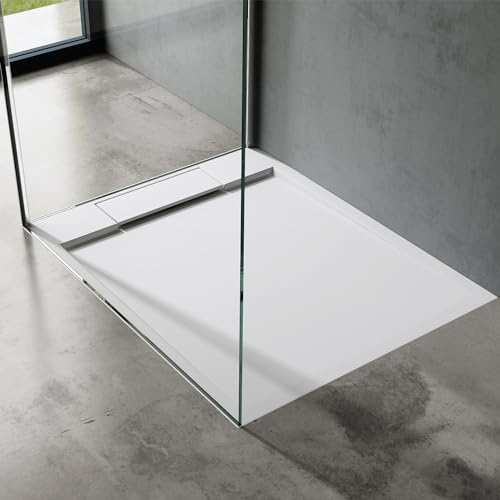 doporro Piatto Doccia Rettangolare in Marmoresina Effetto Pietra, Spessore 4 cm, Installazione Versatile, 80x90 cm, Bianco - Geoma04