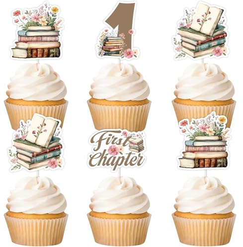 Cheereveal 24Pcs Retro Storybook Cupcake Topper, Storybook 1. Geburtstag Cupcake Picks, erstes Kapitel Buch Club Thema 1. Bday Baby Shower Dekorationen Zubehör