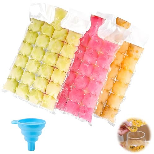 100 sacchetti per cubetti di ghiaccio, 2400 cubetti di ghiaccio, autosigillanti, con imbuto, vassoi per cubetti di ghiaccio in LDPE per uso alimentare, per whisky, succhi di frutta, bevande, cocktail