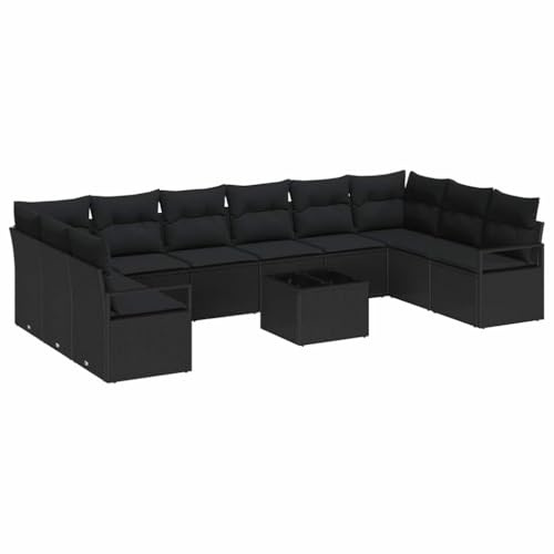 vidaXL Sofa Set mit Kissen mit Speicher 11 pcs Schwarz Poly-Rattan, Garten und Terrasse, moderner Rattan-Sofa, modulares Outdoor-Sitzset, haltbare Lounge-Möbel für schicke Patios
