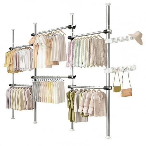 Begehbarer Kleiderschrank System Teleskop Kleiderständer Kleiderstange Regals Teleskop Garderobe System mit 2 Haken und 6 Kleiderstangen Offen Teleskopstange Garderobensystem - Edelstahlfarbe