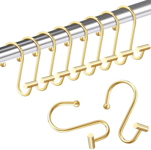 AURIVISTA 12 Pack Shower Curtain Hooks, Rust Proof T-Bar Rings, Gold | Rust Resistant Metal, T-Bar Design, Smooth Sliding, Easy Installation, Fits Standard Shower Rods, Bathroom Curtain Use