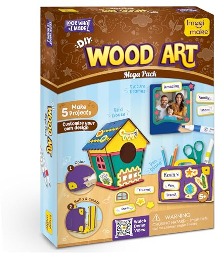 Imagimake Mega pack fai da te in legno, costruzione casetta per uccelli in legno, 3 cornici per foto e portapenne, artigianato in legno per bambini, oltre 100 adesivi in schiuma per artigianato in