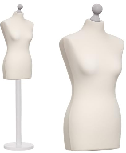 DummyDoll Schneiderpuppe weiblich Größe 38/40, Überzug Creme/Ecru, Fuß Holzteller + Holzknauf weiß