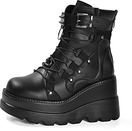 Gothniero Damen Kampf Motorrad Stiefel Schwarz Plattform Chunky Knöchel Moto Festival Rave Goth Stiefel für Frauen Punk emo Schuhe mit Metallketten Seite Reißverschluss Runde Zehe 36-43