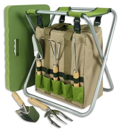 Gartentaschen Plus 5 Werkzeuge und Garten-Kniebank klappbarer Gärtnerhocker mit Isoliertasche