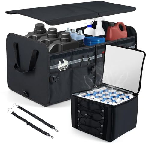 COSTWAY Car Boot Organiser with Cooler Bag, Collapsible Trunk Organizer with Lid, Removable Divider, Pockets, 2 Straps & Handles, Multi-Compartment Storage Box for Car SUV (45L)