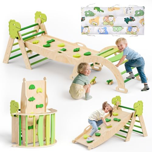 Climbing Frame with Soft Cushion, 9 in 1 Foldable Indoor Climbing Frame, Montessori Baby Toddler Climbing Toys Indoor, Climber Indoor Set with Arch, Ramp, Ladder (Green)