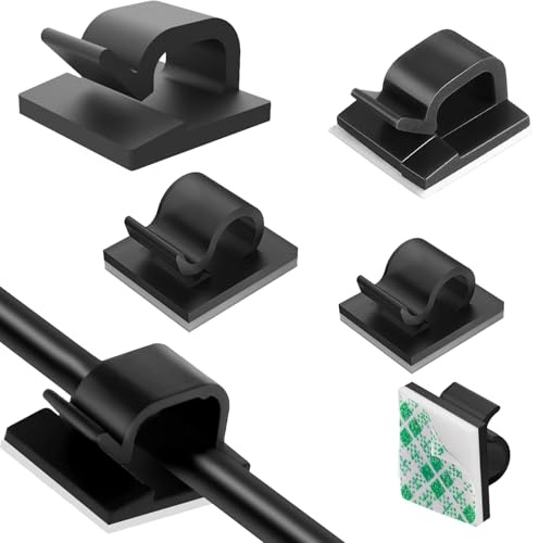 60 Kabelhalter selbstklebend, 4 Größen, Kabelclips in Schwarz | PVC-Kunststoff; öffnbarer Verschluss für schnelles Einlegen; für Schreibtisch, TV, PC, Wand und Büro