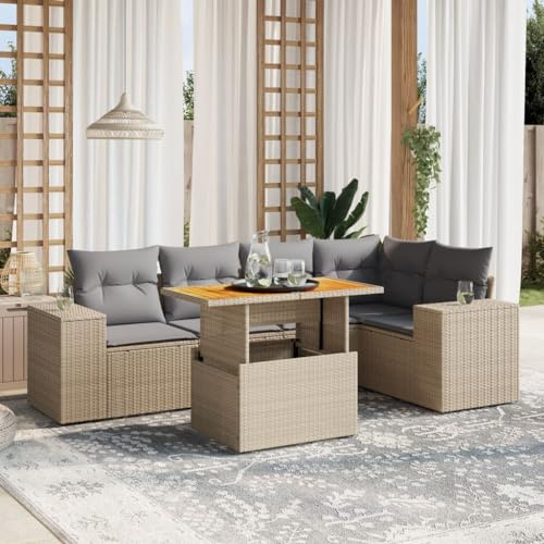 QJBSAVVA 6-teiliges Garten-Sofagarnitur Beige Poly-Rattan Ecksofa Mittelsofa mit verstellbarem Esstisch 110 kg belastbar Modernes Lounge-Set für Garten Balkon und Terrasse