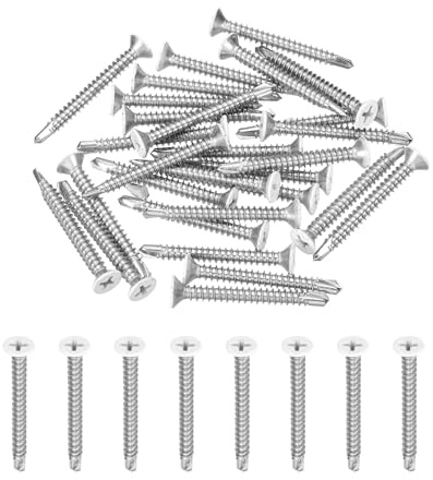 QUARKZMAN 30Pcs M4.2x38mm Vis Autotaraudeuse Tête Plate Blanc Vis Autoperceuses en Acier Inoxydable 410 pour Tôle, Argentées