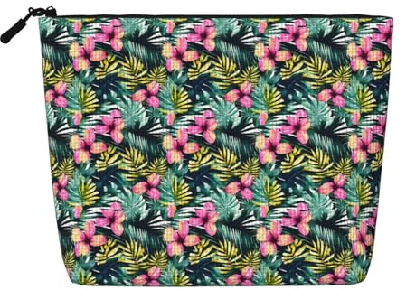 DRTGEDS Tropical Summer Hawaiian Flower Palm Leaves Daily Pouch Cosmetic Bag Fake Hemp Large Organizer For Travel Toiletry Water Resistant