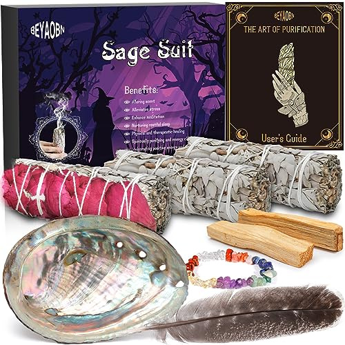 ZPQAODI 3 Bundles Sage, Paquets de Sauge Blanche, 2 Palo Santo Coquillage d'ormeau - Purification Élimine Les Énergies Négatives Encens Naturel à bruler Anti Stress méditation Bois de rituels