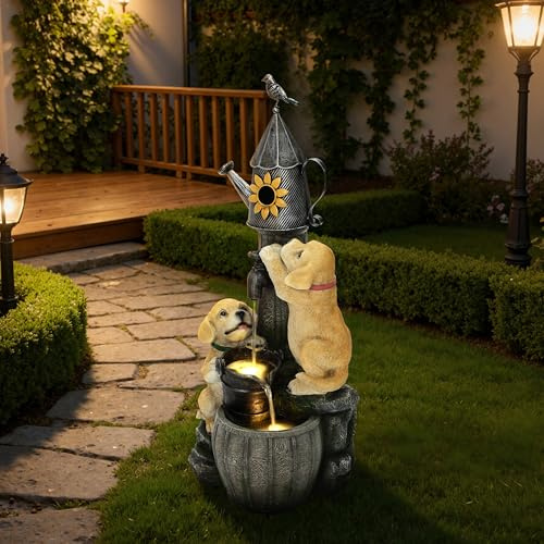 90cm Polyresin-Gartenbrunnen mit LED Light Zwei Hündchen und Vogelhäuschen Innen- und Außenbrunnen springbrunnen für Garten, Balkon, Terrasse, Eingang 90x38x34 cm