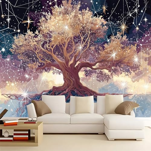Carta da Parati Fotomurale XXL 200 x 140 cm, Multicolore Poster Murale 3D in Tessuto Non Tessuto per TV Corridoio e Soggiorno, Decorazione Interni di Grande Fantasia Corpi Celesti Luce Stellare Alberi
