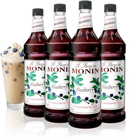 Monin - Blueberry Syrup, Mildly Sweet & Tart Blueberry Flavor, Great for Teas, Lemonades, Smoothies, & Cocktails, Gluten-Free, Non-GMO (1 Liter, 4-Pack)