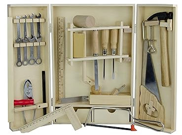 Pebaro 462 Starter Werkzeugkasten für Kinder, 25 Teile in Holzbox, kompakter Holzschrank mit Zubehör, Junior Werkzeugkiste mit Hammer, Maulschlüssel, Säge etc. , Geschenkidee für Kinder, 24 x 36 cm