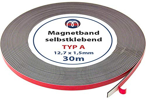 Magnetband Magnetstreifen selbstklebend mit Schaumstoff-Kleber - Magnetisierung TYP A, anisotrop - 1,5mm x 12,7mm x 30m