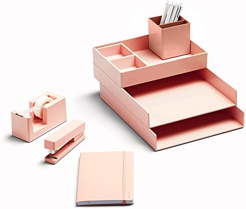 Poppin Dream Desk Set - Blush, Letter Trays, Accessory Tray, This + That Tray, Pen Cup, 6 Gel Pens, Soft Cover Notebook, Stapler and Tape Dispenser, Complete Office Organizer Set