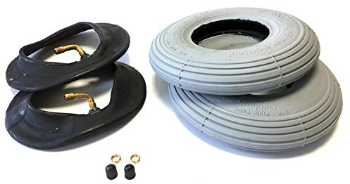 Neumáticos para silla de ruedas 2 unidades, 200 x 50, (también 8 x 2), color gris + 2 cámaras con válvula de ángulo en dirección de marcha 90°/30°, neumáticos con perfil de ranura