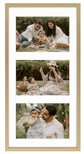Frametory - 7x14 Aluminum Collage Picture Frame - Display 4x6 Pictures with 3 Openings Mat - Real Glass Front - Horizontal/Vertical Wall Mount - Gold 1 Pack