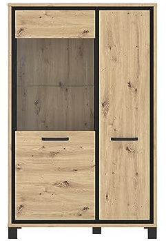 FORTE Trondheim Highboardvitrine mit 1 Tür und 1 Glastür, Holzwerkstoff, Artisan Eiche kombiniert mit Schwarz Eiche, 101,4 x 161 x 41,5 cm