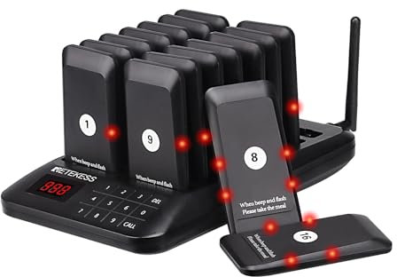 Retekess TD157 Pager System, 16 Pagers, Draußen 500M, Pager Rufsystem Gastro, 300mAh Akku, 998 Kanäle, Aufrufsystem, Pager System für Restaurants 1 Pcs (1 Tastatur 16 Pagers)