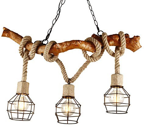 Antik Kronleuchter Pendelleuchte Holz Vintage Industrielle Hanfseil Esszimmer Esstischlampe Hängelampe Strahler für Retro Wohnzimmer Landhaus Rustikal Küchen insel Bar Loft Bambus Leuchte, 3-flammig