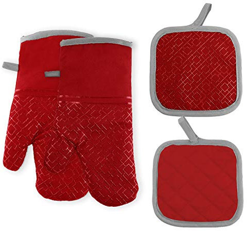 Oven Gloves, Heat Resistant Oven Mitts and Pot Holders, Non-Slip Oven Gloves with 2 Heat Insulation Pot Pads, Long Sleeves, Soft Cotton Lining, Kitchen Oven Gloves for Safe Barbecue Cooking and Baking