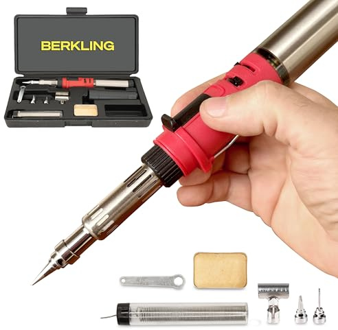 Berkling Premium-Butan-Lötkolben-Set, tragbar, kabellos, Mikro-Lötbrenner, Heißluftpistole, 3 Profi-Spitzen, 15 g, 60/40 Kolophoniumkern-Lötdraht, Mini-Schraubenschlüssel, Schwamm (BSG-668 Kit Rot)