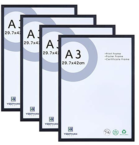 Bilderrahmen A3 Schwarz, Set mit 4, 29,7 x 42 cm | Massivholzrahmen, Kunststoffglasfront, Für Zertifikat/Foto/Wandhalterung, Für Innendekoration